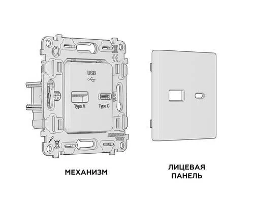 Комплект механизма розетки ALFA Антрацит серый 2USB A+C 20W (быстрая зарядка) QUANT (AP6610, VM177) (Ambrella Volt, MA661010) - Amppa.ru